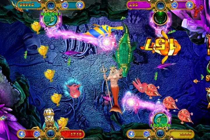Fishing game screen with a mermaid and glowing sea creatures